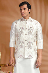 Cream Silk Peacock Embroidered Kurta Pajama with Jacket